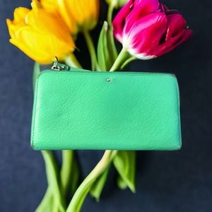 Kate Spade Green Pebbled Leather Continental Zip Around Wallet